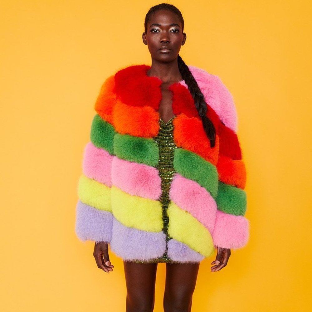 JAYLEY Gaga Faux Fur Striped Rainbow Coat